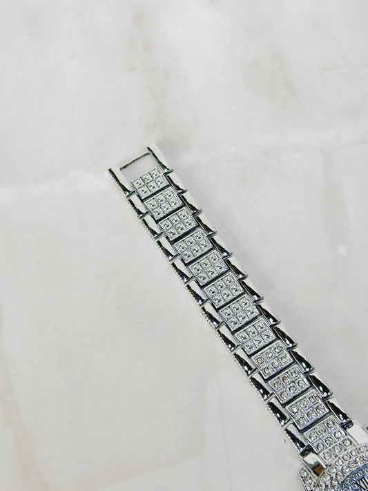 Silver Tone Rhinestone Quartz Watch – Ladies – Roman Numerals – Fully Iced Style – New Battery