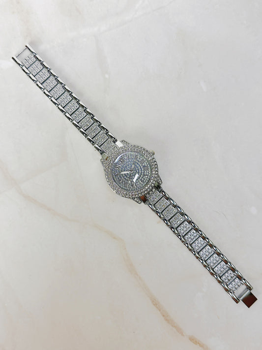 Silver Tone Rhinestone Quartz Watch – Ladies – Roman Numerals – Fully Iced Style – New Battery