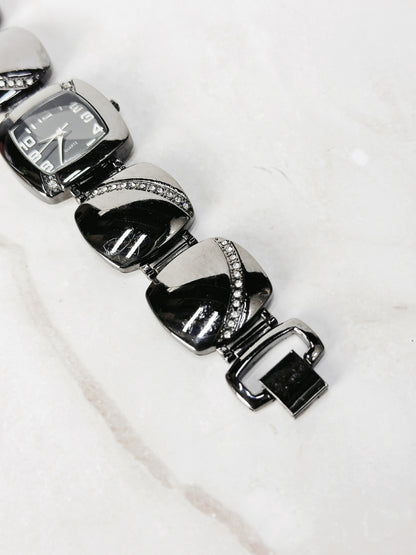 Black Tone Quartz Bracelet Watch – Black Dial – Rhinestone Accents – Ladies – New Battery