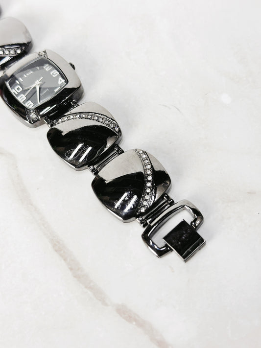 Black Tone Quartz Bracelet Watch – Black Dial – Rhinestone Accents – Ladies – New Battery