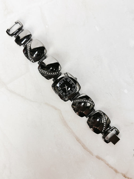 Black Tone Quartz Bracelet Watch – Black Dial – Rhinestone Accents – Ladies – New Battery