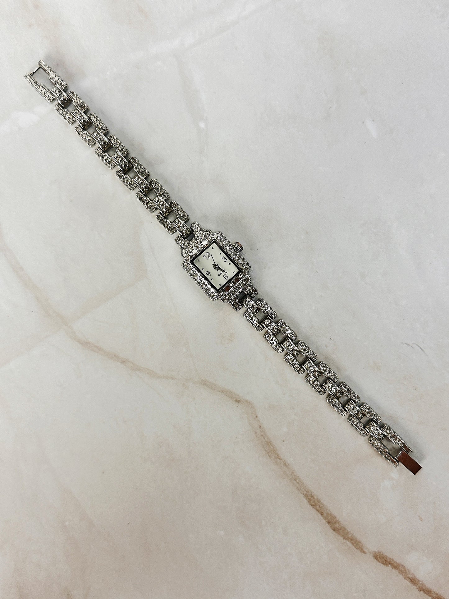 Vintage Style Silver Tone Rhinestone Bracelet Watch – Rectangular Dial – Ladies – New Battery
