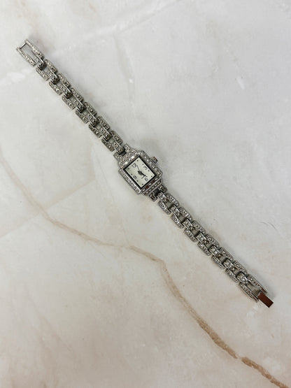 Vintage Style Silver Tone Rhinestone Bracelet Watch – Rectangular Dial – Ladies – New Battery