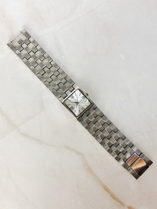Vintage Silver Tone Square Quartz Watch – Textured Bracelet – Ladies – New Battery