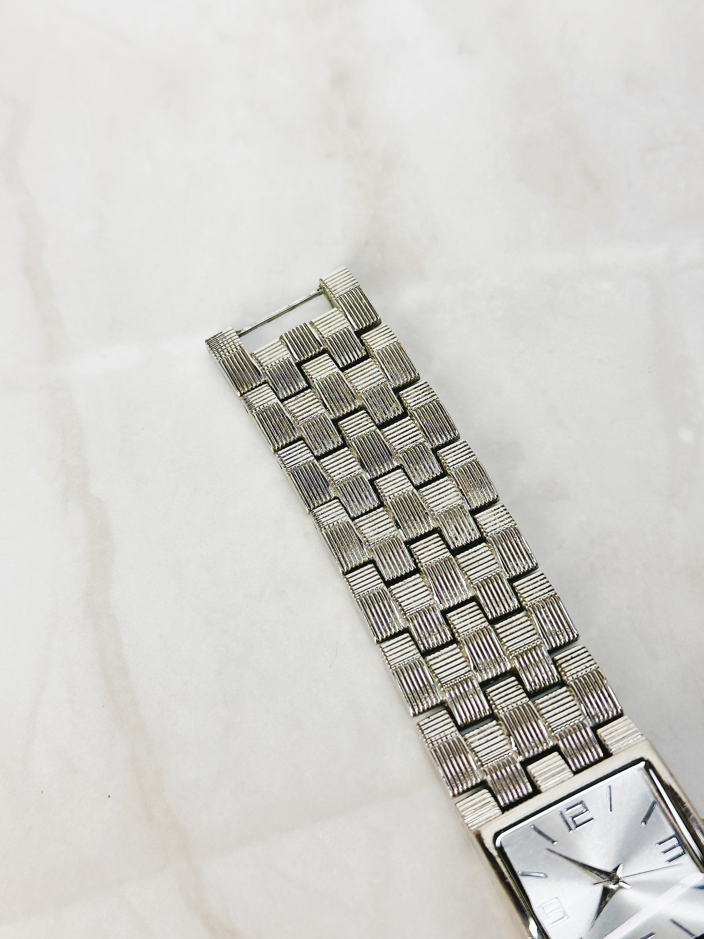 Vintage Silver Tone Square Quartz Watch – Textured Bracelet – Ladies – New Battery