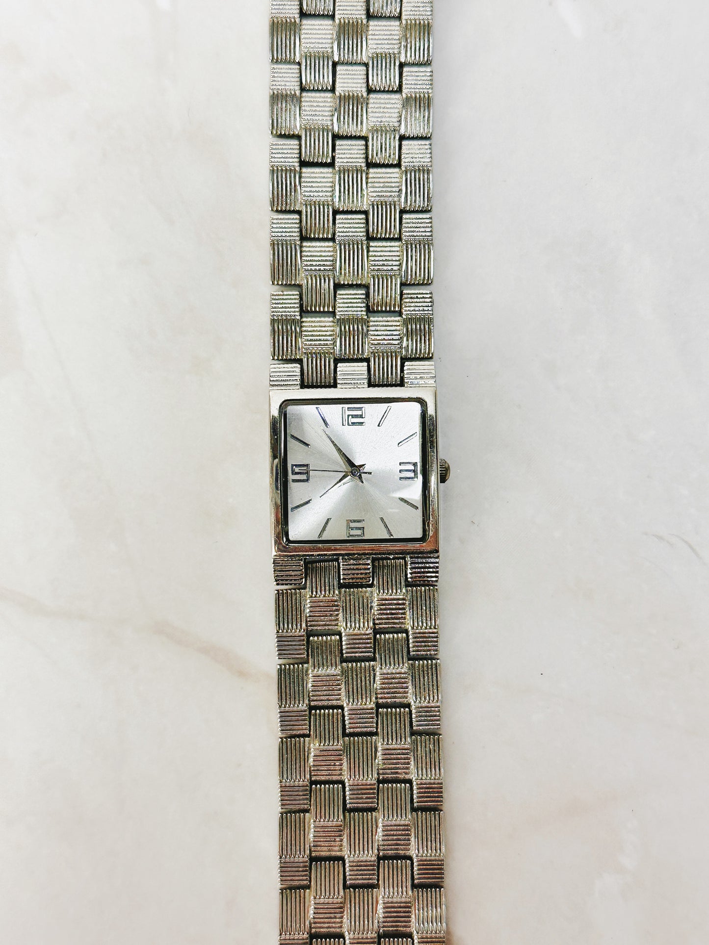 Vintage Silver Tone Square Quartz Watch – Textured Bracelet – Ladies – New Battery