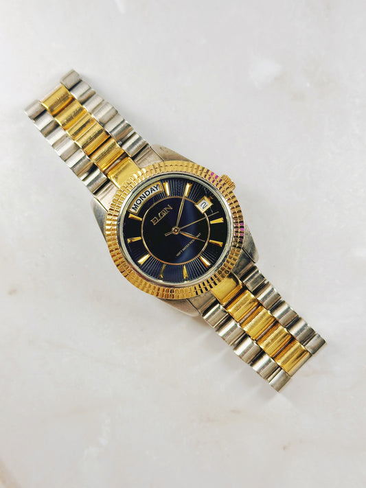 Elgin Two-Tone Quartz Men Watch – Day & Date – Blue Dial
