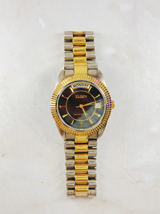 Elgin Two-Tone Quartz Men Watch – Day & Date – Blue Dial