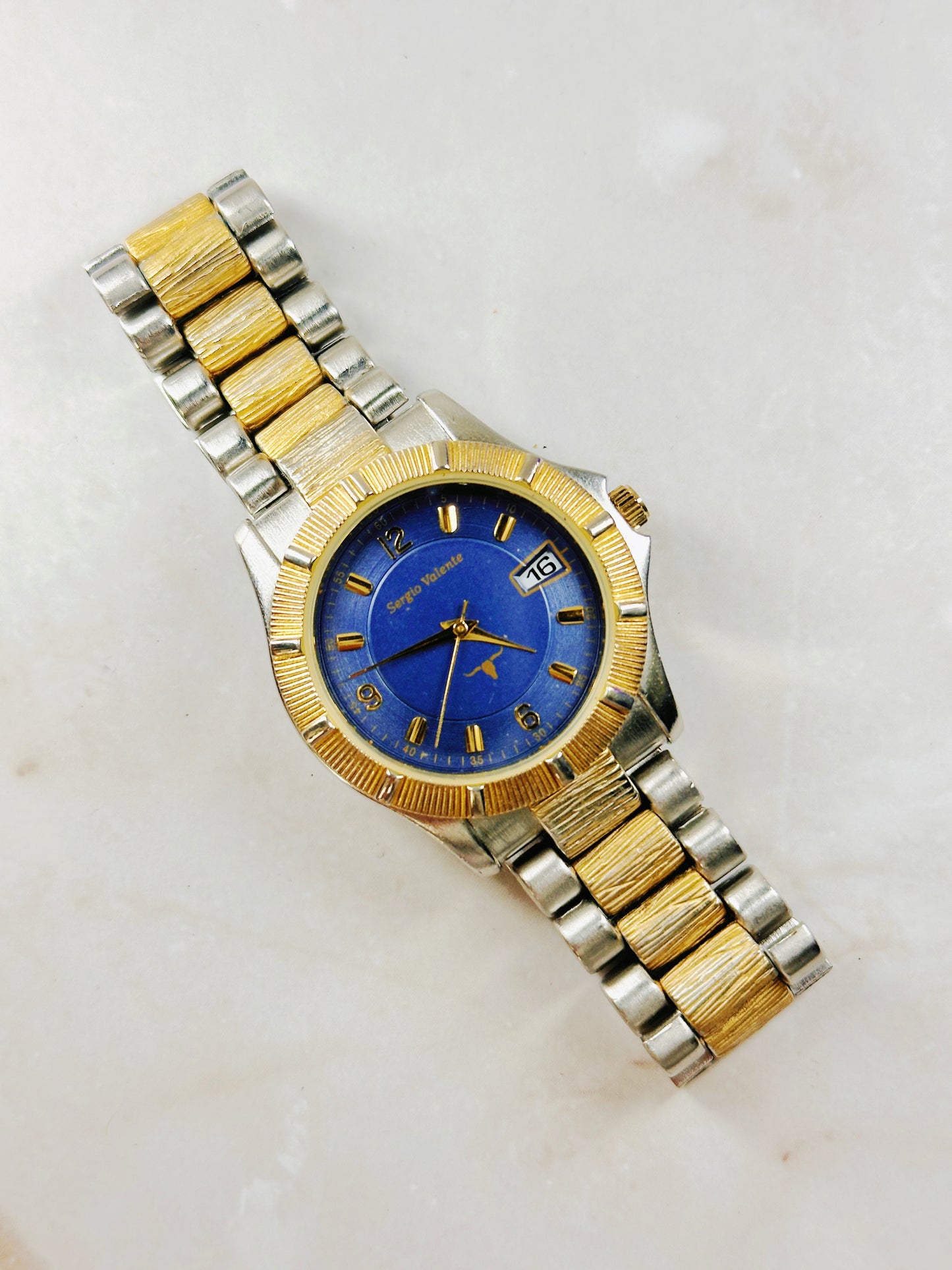 Sergio Valente Two-Tone Watch – Blue Dial – Date – Gold Bezel – New Battery