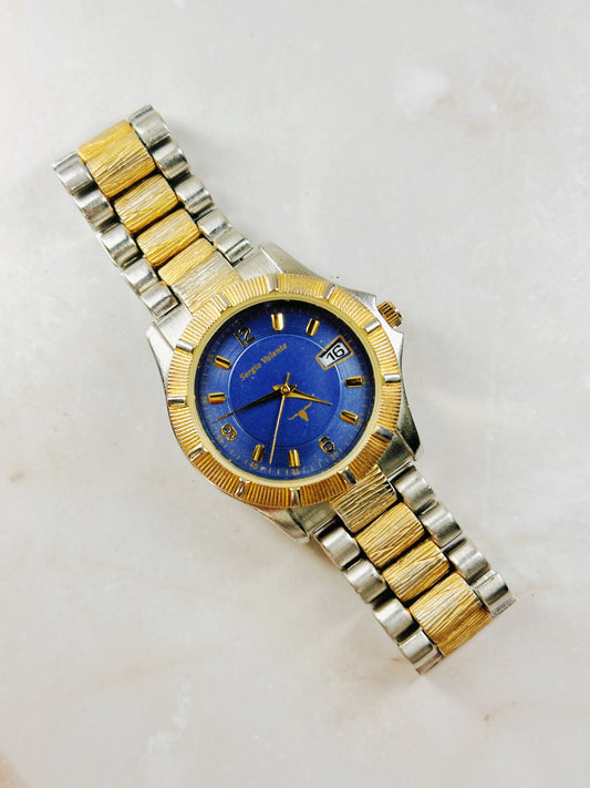 Sergio Valente Two-Tone Watch – Blue Dial – Date – Gold Bezel – New Battery