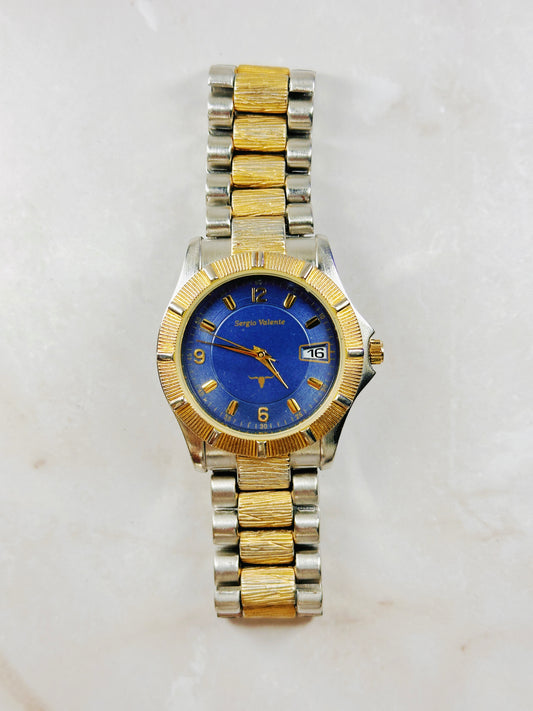 Sergio Valente Two-Tone Watch – Blue Dial – Date – Gold Bezel – New Battery