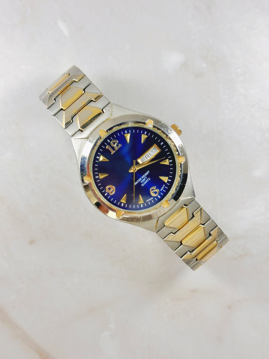 Two-Tone Mens Quartz Watch – Blue Dial – Day & Date – Water Resistant – New Battery