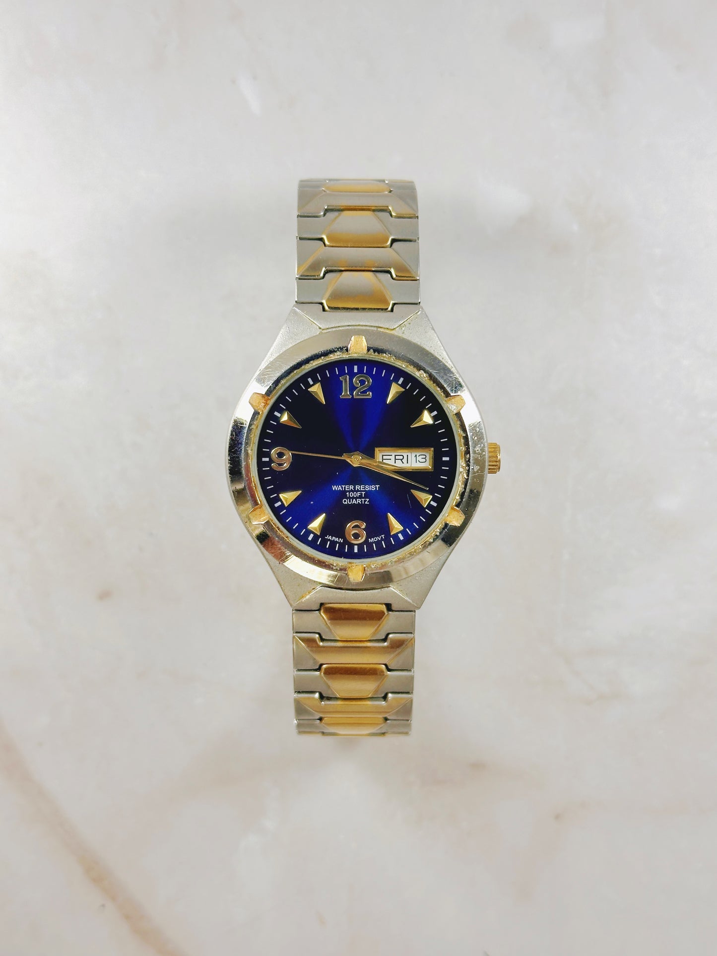 Two-Tone Mens Quartz Watch – Blue Dial – Day & Date – Water Resistant – New Battery