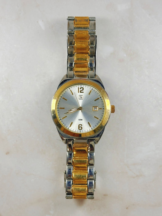 Two-Tone Quartz Watch – Date – 50M Water Resistant – Gold Bezel – New Battery