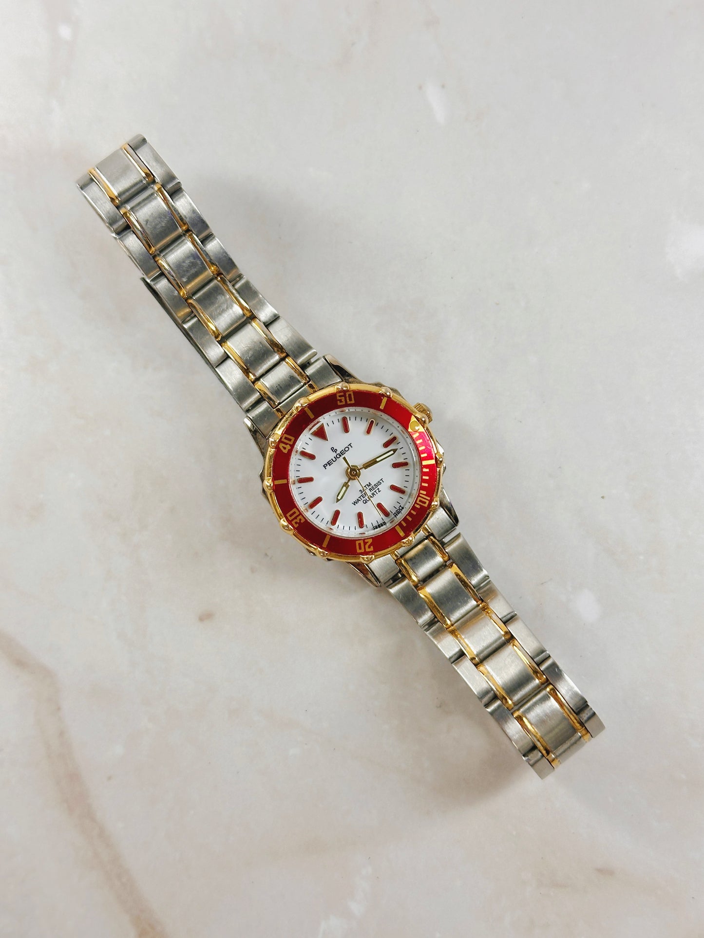 Peugeot Two-Tone Watch – Red Bezel – 3ATM Water Resistant – Ladies – New Battery