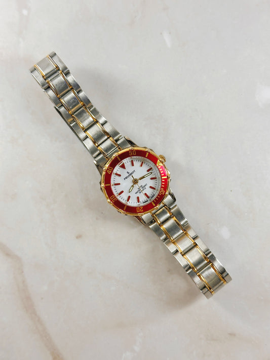 Peugeot Two-Tone Watch – Red Bezel – 3ATM Water Resistant – Ladies – New Battery