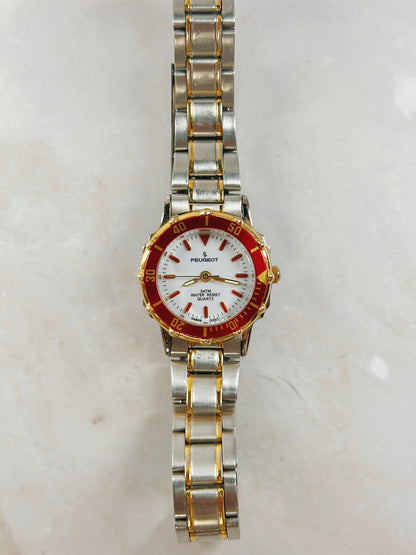 Peugeot Two-Tone Watch – Red Bezel – 3ATM Water Resistant – Ladies – New Battery