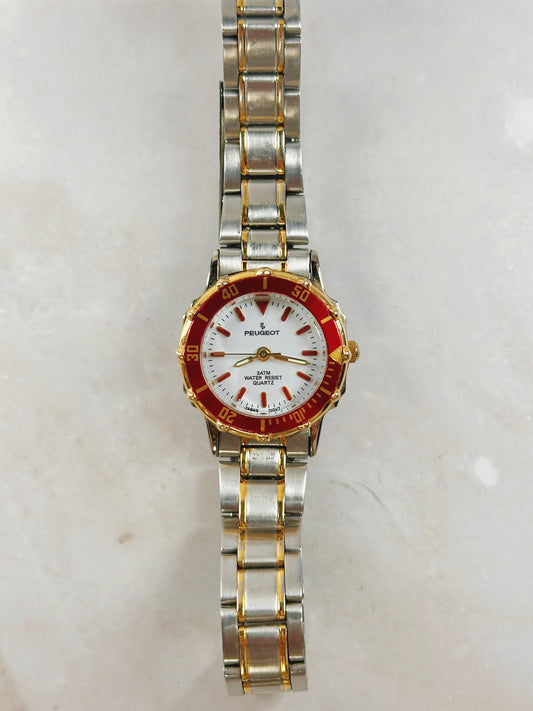 Peugeot Two-Tone Watch – Red Bezel – 3ATM Water Resistant – Ladies – New Battery
