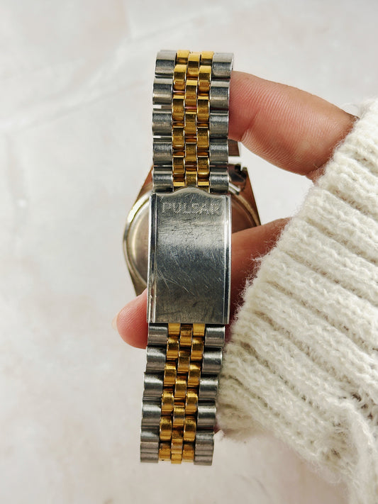 Pulsar Two-Tone Watch – Blue Dial – Day & Date – Gold Bezel – New Battery
