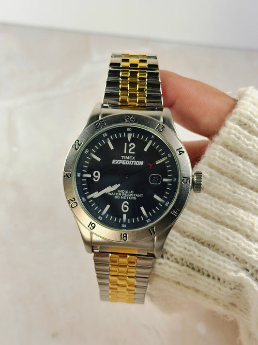 Timex Expedition Two-Tone Watch – Black Dial – Indiglo – 50M Water Resistant – New Battery