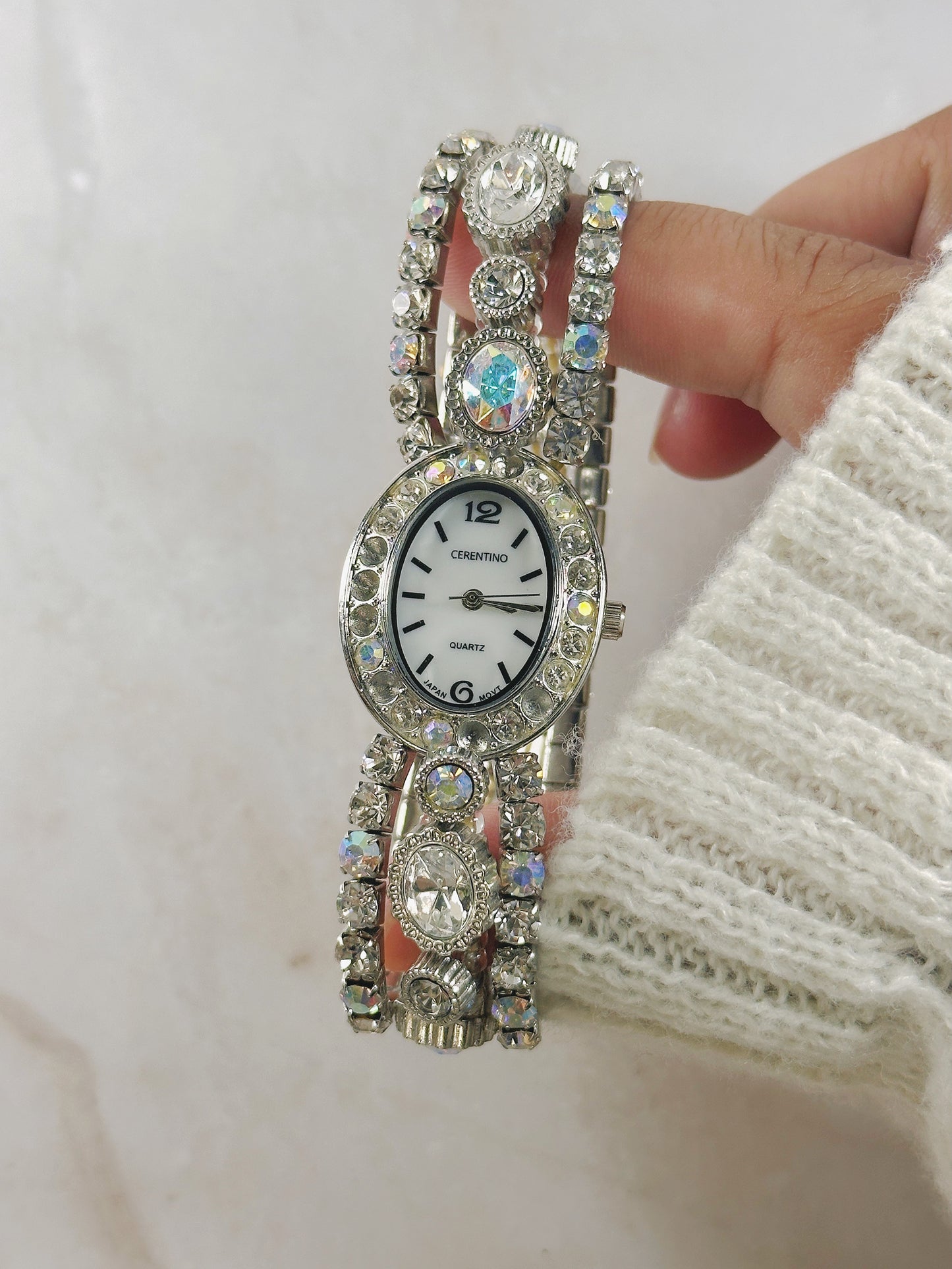 Cerentino Rhinestone Bracelet Watch – Silver Tone – Oval Dial – New Battery