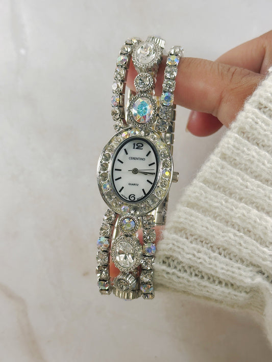 Cerentino Rhinestone Bracelet Watch – Silver Tone – Oval Dial – New Battery