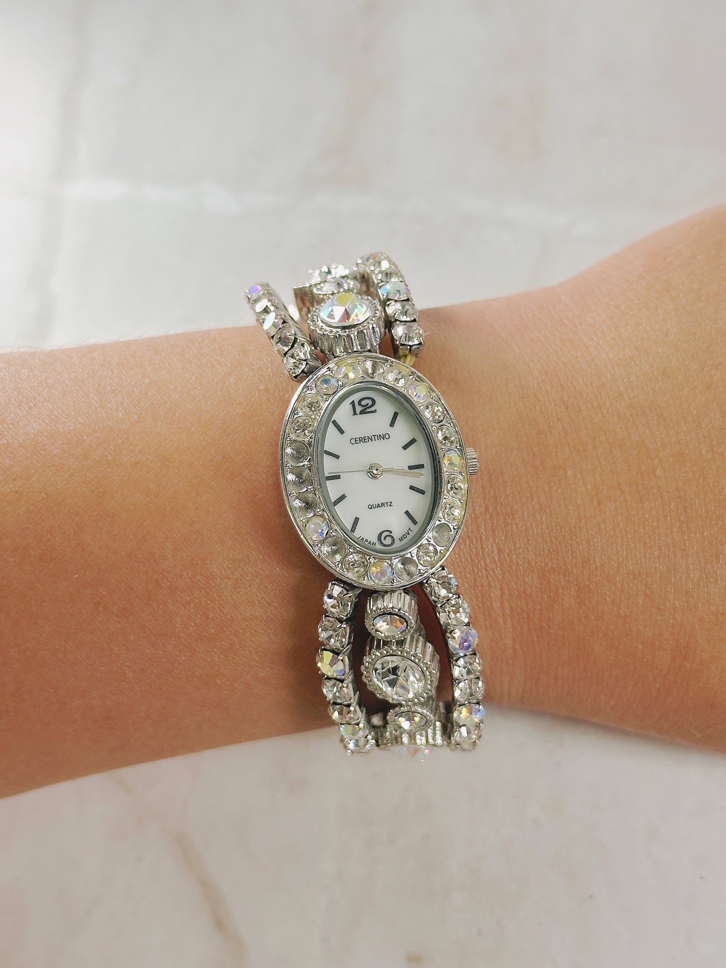 Cerentino Rhinestone Bracelet Watch – Silver Tone – Oval Dial – New Battery