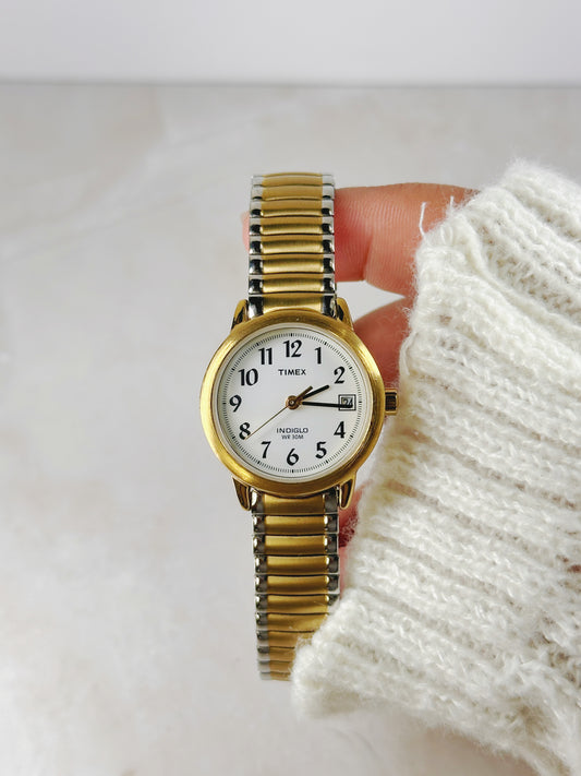 Timex Indiglo Gold-Tone Watch – White Dial – Date – 30M Water Resistant – New Battery
