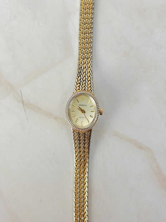 Armitron Two-Tone Braided Bracelet Watch – Gold Dial – Crystal Bezel – Quartz – New Battery