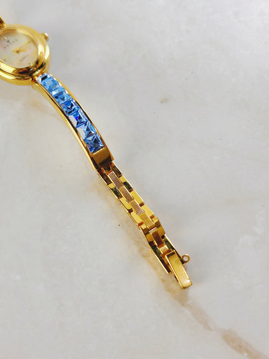 Focus Gold Tone Bracelet Watch – Blue Crystal Accents – Oval Dial – Quartz – New Battery