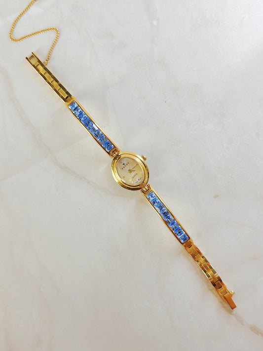 Focus Gold Tone Bracelet Watch – Blue Crystal Accents – Oval Dial – Quartz – New Battery