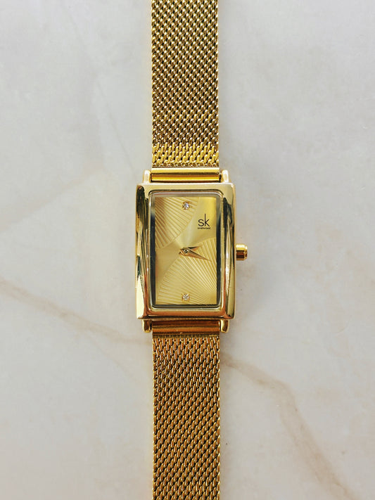 SK Shengke Gold Tone Rectangular Watch – Mesh Bracelet – Minimalist Dial – Quartz – New Battery