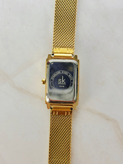 SK Shengke Gold Tone Rectangular Watch – Mesh Bracelet – Minimalist Dial – Quartz – New Battery