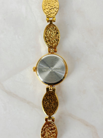 Lucoral Gold Tone Bracelet Watch – Black Dial & Cabochon Accents – Quartz – New Battery