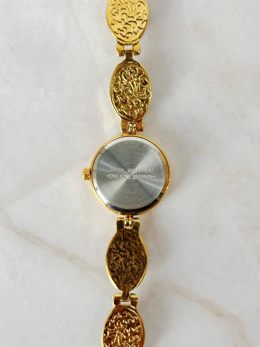 Lucoral Gold Tone Bracelet Watch – Black Dial & Cabochon Accents – Quartz – New Battery