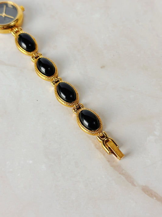 Lucoral Gold Tone Bracelet Watch – Black Dial & Cabochon Accents – Quartz – New Battery