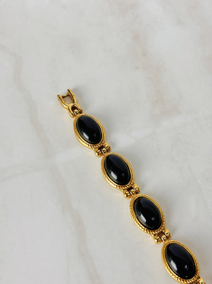 Lucoral Gold Tone Bracelet Watch – Black Dial & Cabochon Accents – Quartz – New Battery