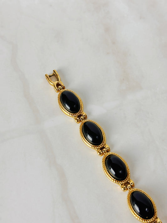 Lucoral Gold Tone Bracelet Watch – Black Dial & Cabochon Accents – Quartz – New Battery