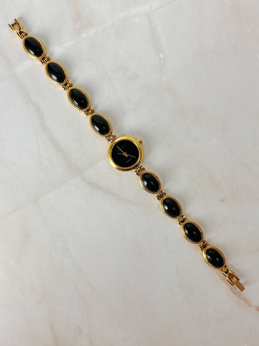 Lucoral Gold Tone Bracelet Watch – Black Dial & Cabochon Accents – Quartz – New Battery