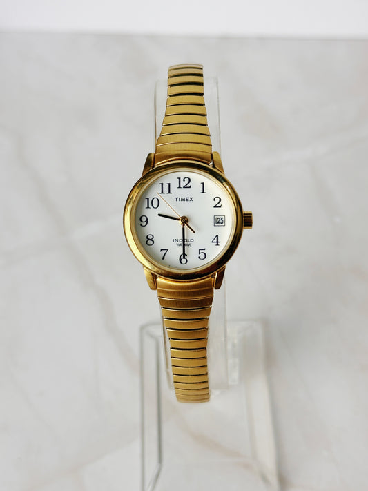 Timex Indiglo Gold Tone Quartz Watch – Ladies – Date – Expansion Bracelet – New Battery