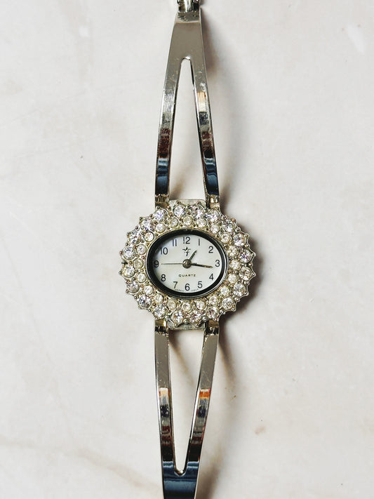 Vintage Rhinestone Oval Watch – Silver Tone Bangle Style – Japan Movement – New Battery