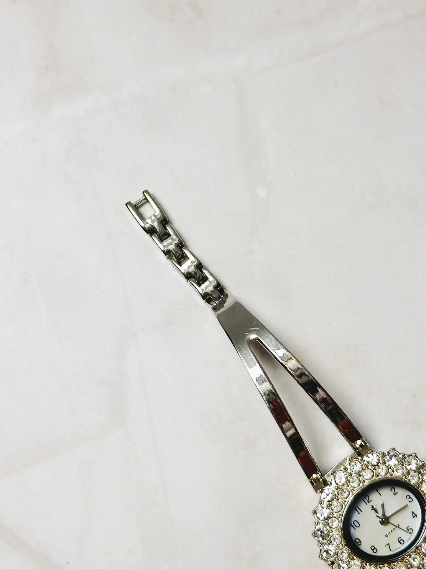 Vintage Rhinestone Oval Watch – Silver Tone Bangle Style – Japan Movement – New Battery