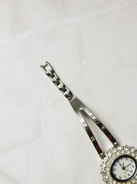 Vintage Rhinestone Oval Watch – Silver Tone Bangle Style – Japan Movement – New Battery