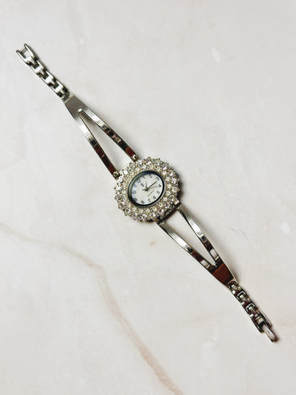 Vintage Rhinestone Oval Watch – Silver Tone Bangle Style – Japan Movement – New Battery