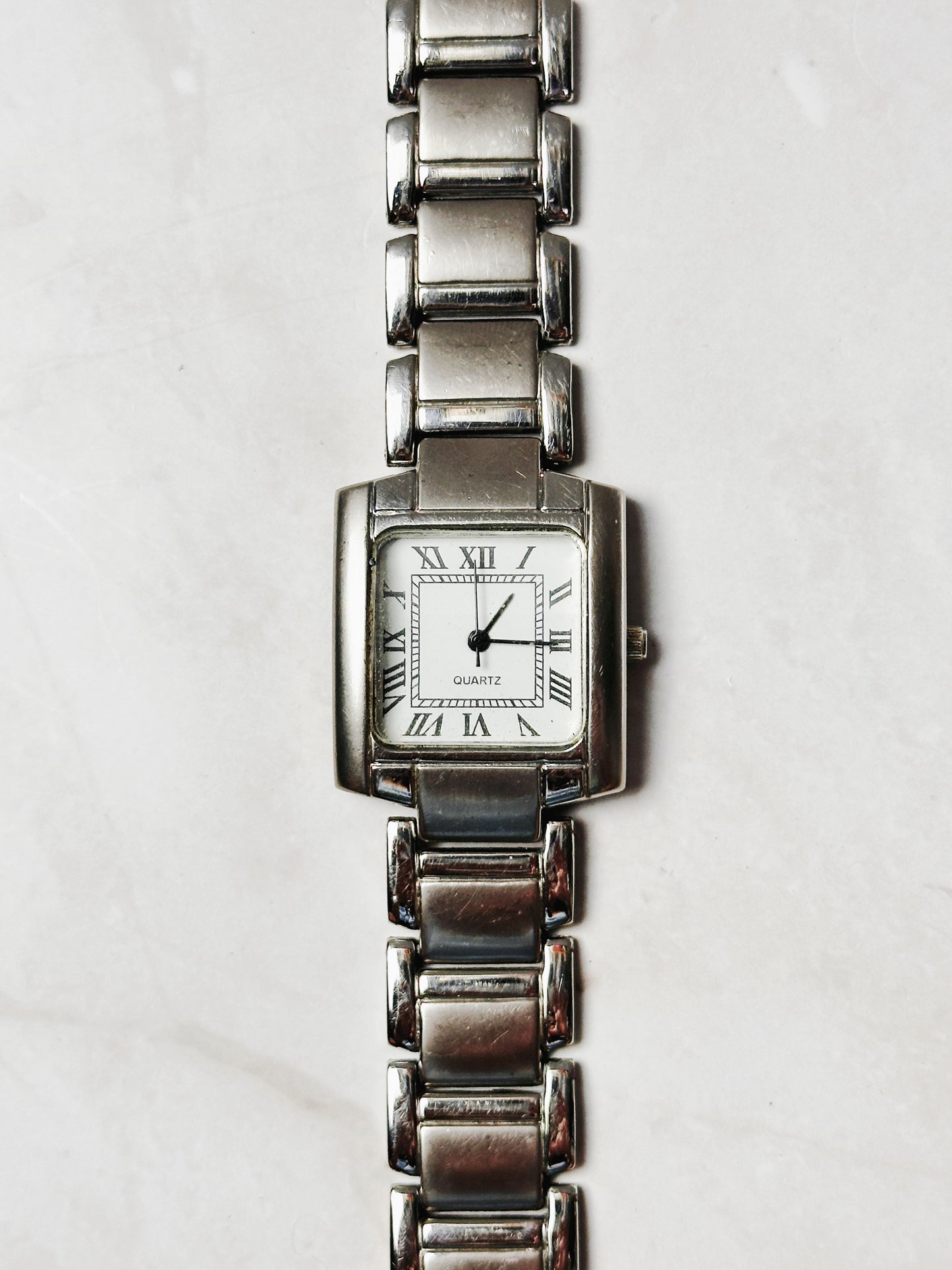 Vintage Tank Style Silver Tone Rectangular Watch – Roman Numerals – Quartz – New Battery