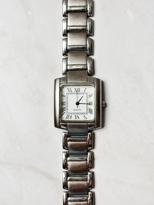 Vintage Tank Style Silver Tone Rectangular Watch – Roman Numerals – Quartz – New Battery
