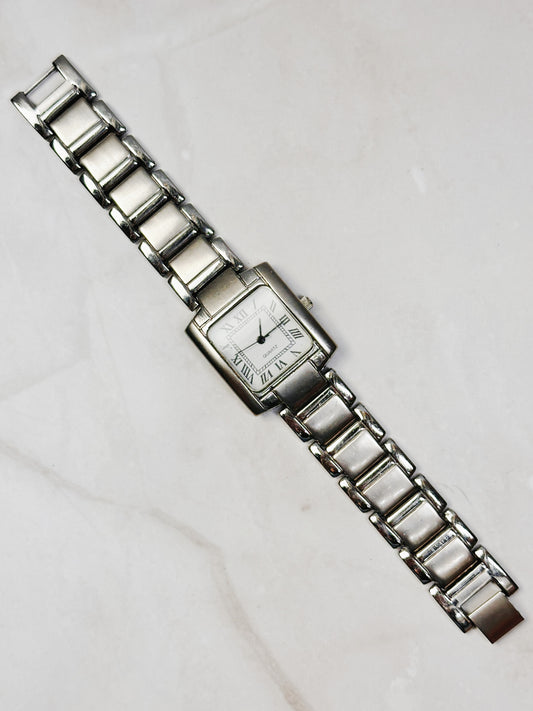 Vintage Tank Style Silver Tone Rectangular Watch – Roman Numerals – Quartz – New Battery