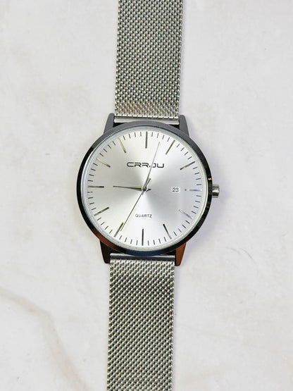 CRRJU Minimalist Silver Tone Watch – Date – Mesh Bracelet – Quartz – New Battery
