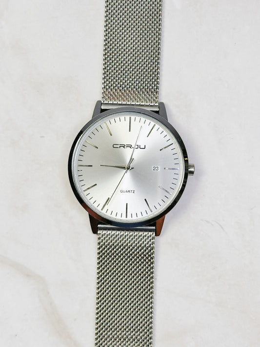 CRRJU Minimalist Silver Tone Watch – Date – Mesh Bracelet – Quartz – New Battery