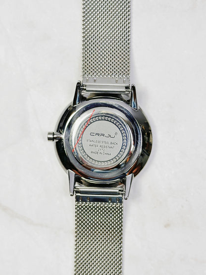 CRRJU Minimalist Silver Tone Watch – Date – Mesh Bracelet – Quartz – New Battery